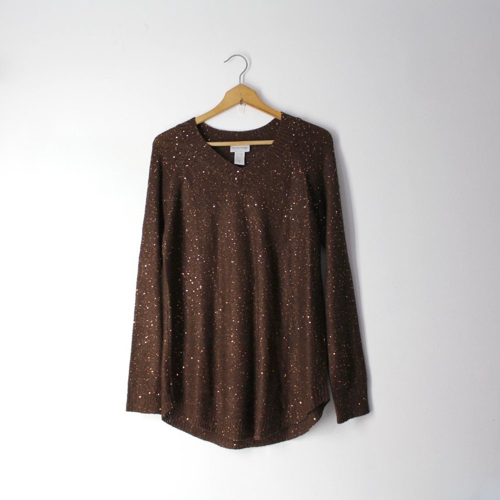Soft Surroundings Brown V-Neck Sequin Pullover Tunic Sweater dressy top M